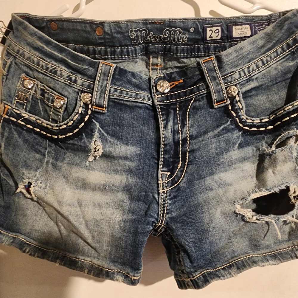 Miss Me Signature 29 Distressed Heavy Stitch Denim Shorts